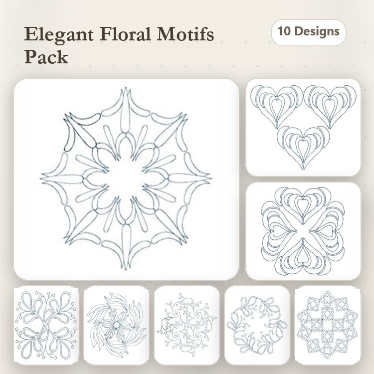 Redwork Elegant Floral Motifs Embroidery Bundle – Snowflake, Heart, Flower Arrangement & More (10 Designs)
