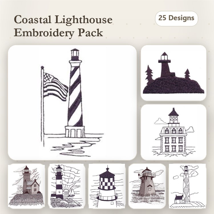 Redwork Lighthouse Embroidery Designs Bundle – Striped Lighthouse with Flag, Coastal Lighthouse with Trees, Traditional Lighthouse & More (25 Designs)