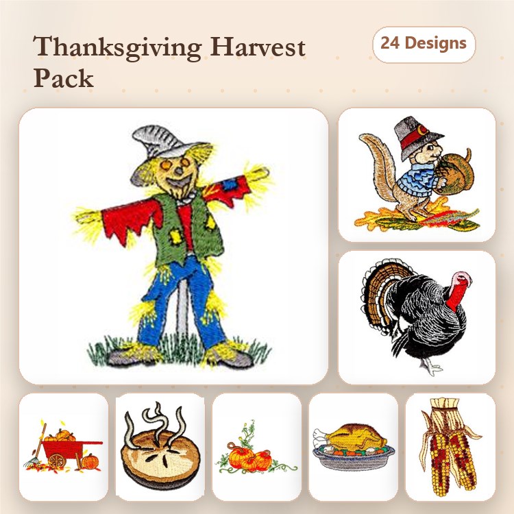 Thanksgiving Harvest Embroidery Designs Bundle – Scarecrow, Turkey, Squirrel, Pumpkin Pie & More (24 Designs)