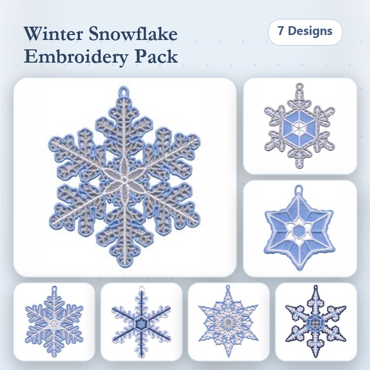 FSL Winter Snowflake Embroidery Bundle – Snowflake Ornament, Large Snowflake, Delicate Lace & More (7 Designs)