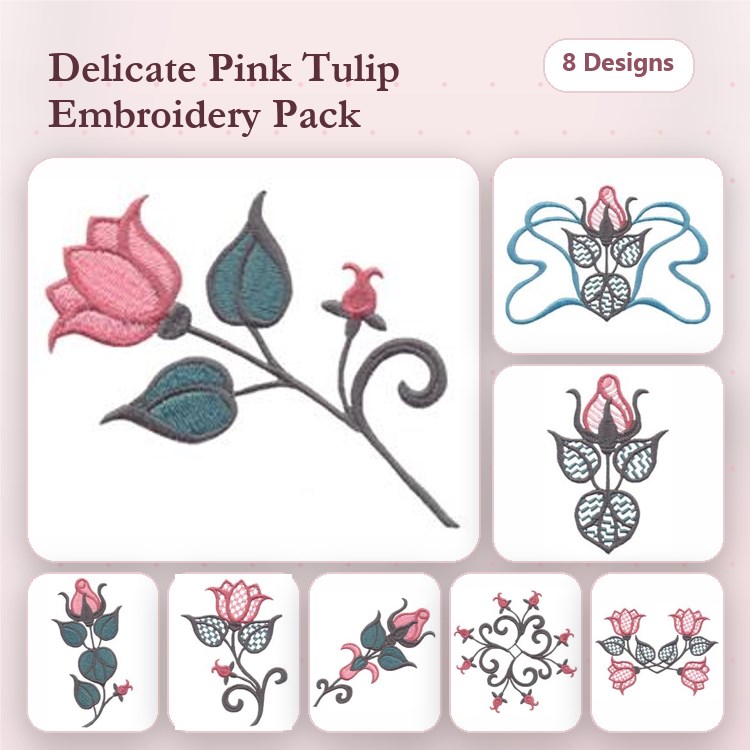 Floral Embellishments Embroidery Bundle – Delicate Pink Tulip, Floral Vine, Ornament & More (8 Designs)
