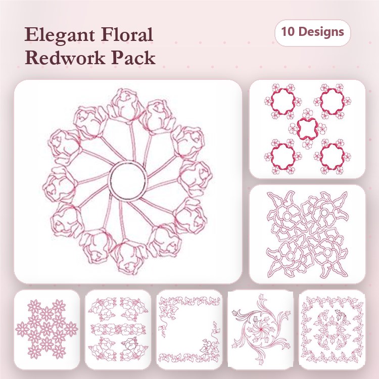 Redwork Floral Embroidery Bundle – Floral Mandala, Floral Frame, Lace Flower & More (10 Designs)