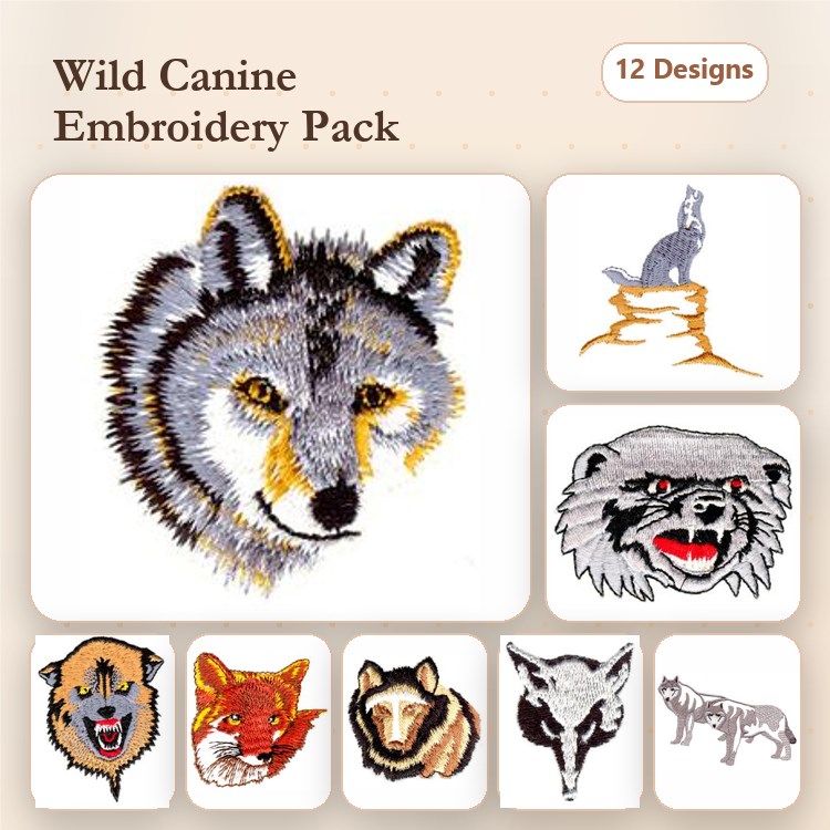 Wolf & Fox Embroidery Bundle – Animal Heads and Standing Designs (12 Designs)