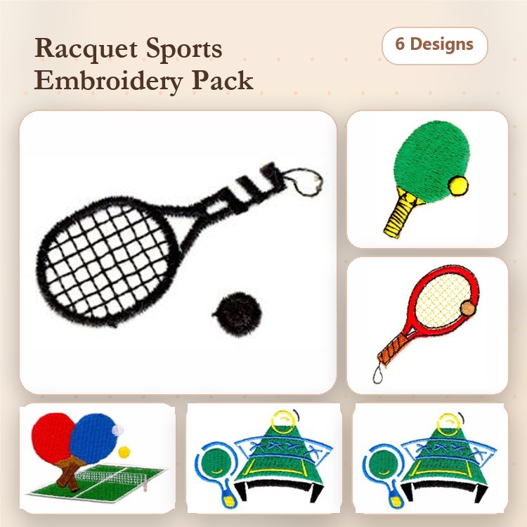 Racquet Sports Embroidery Designs Bundle – Tennis Racket, Badminton Racket, Table Tennis Racket & More (6 Designs)