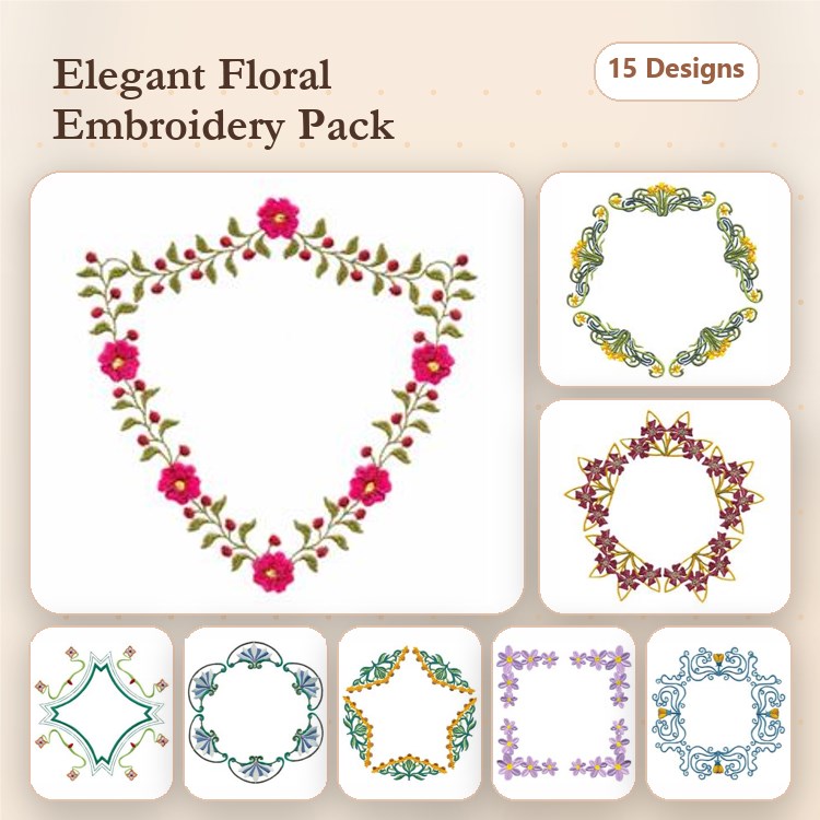 Floral Embellishments Embroidery Designs Bundle – Elegant Frames, Ornate Borders, Wreaths & More (15 Designs)