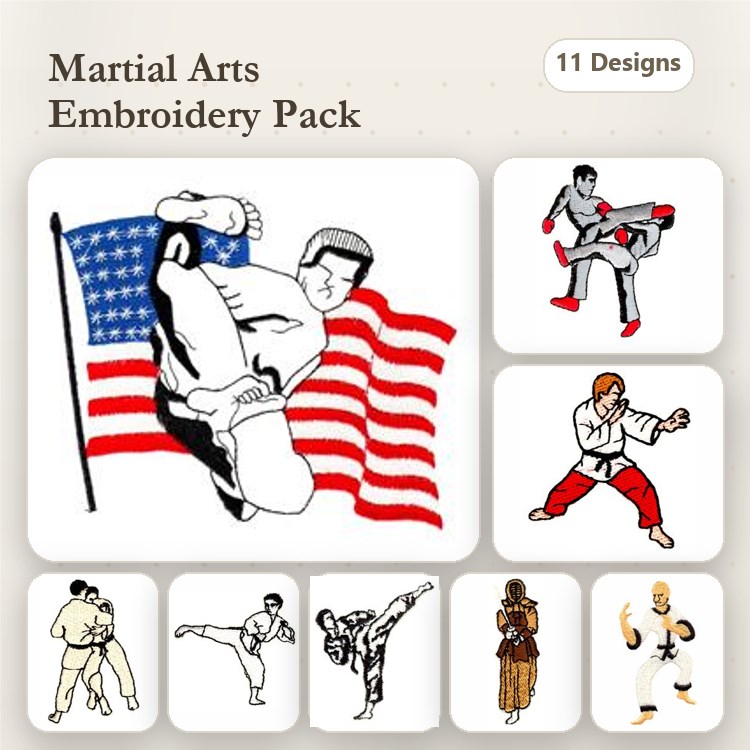 Martial Arts Embroidery Designs Bundle – Karate Fighter, Kickboxer, Sumo Wrestler & More (11 Designs)