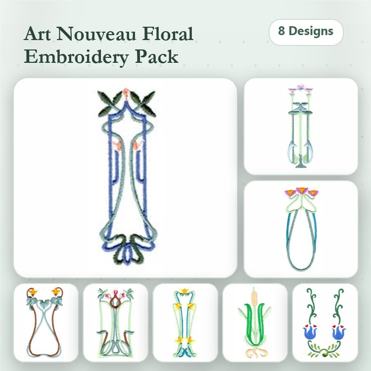 Art Nouveau Floral Embroidery Bundle – Floral Motif with Birds, Elegant Florals & More (8 Designs)
