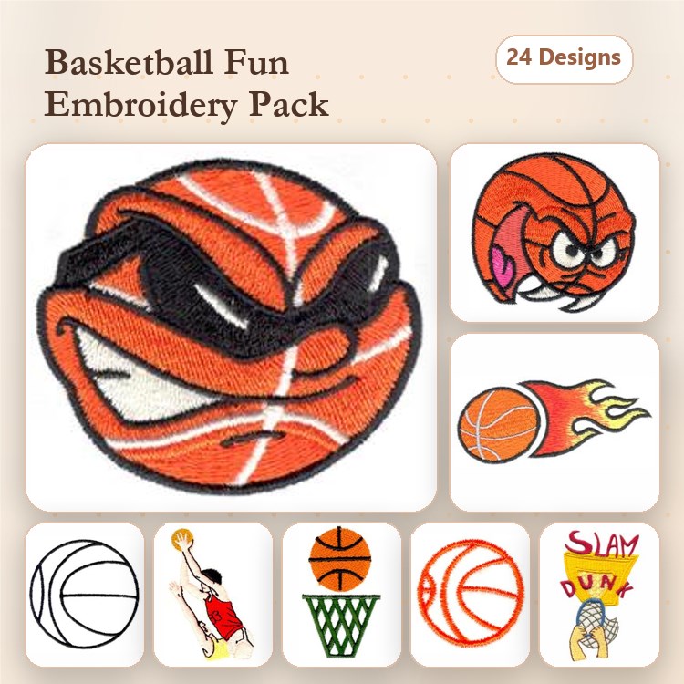 Basketball Embroidery Designs Bundle – Basketball with Sunglasses, Angry Basketball, Slam Dunk & More (24 Designs)