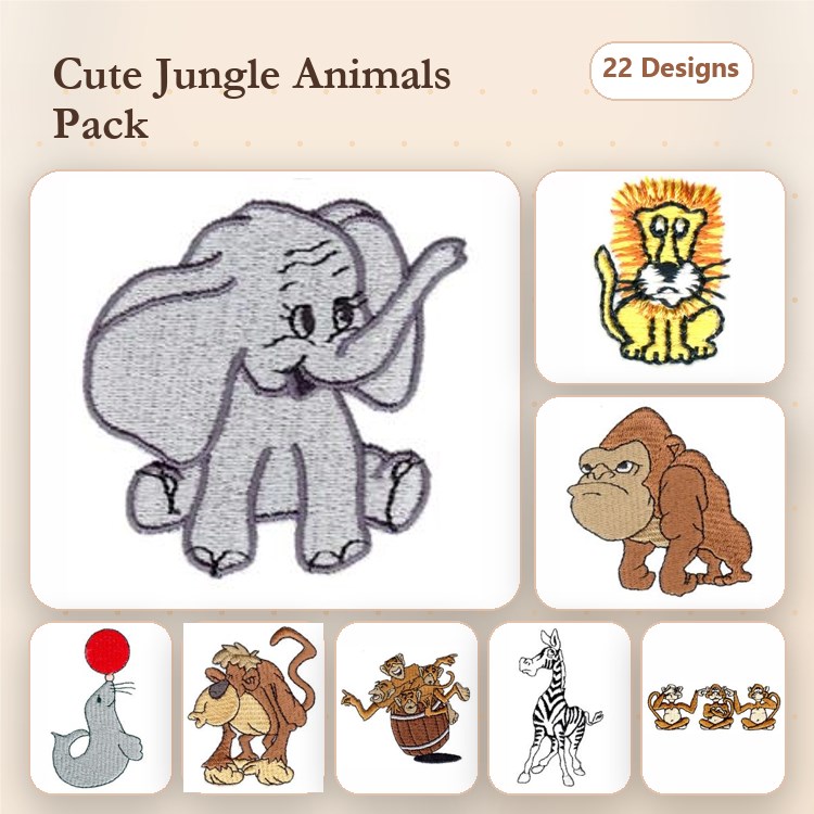 Cute Jungle Animals Embroidery Bundle – Elephant, Lion, Gorilla, Seal with Ball & More (22 Designs)