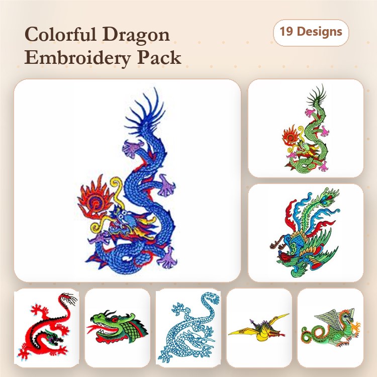 Colorful Dragon Embroidery Designs Bundle – Blue Dragon, Red Dragon, Green Dragon & More (19 Designs)