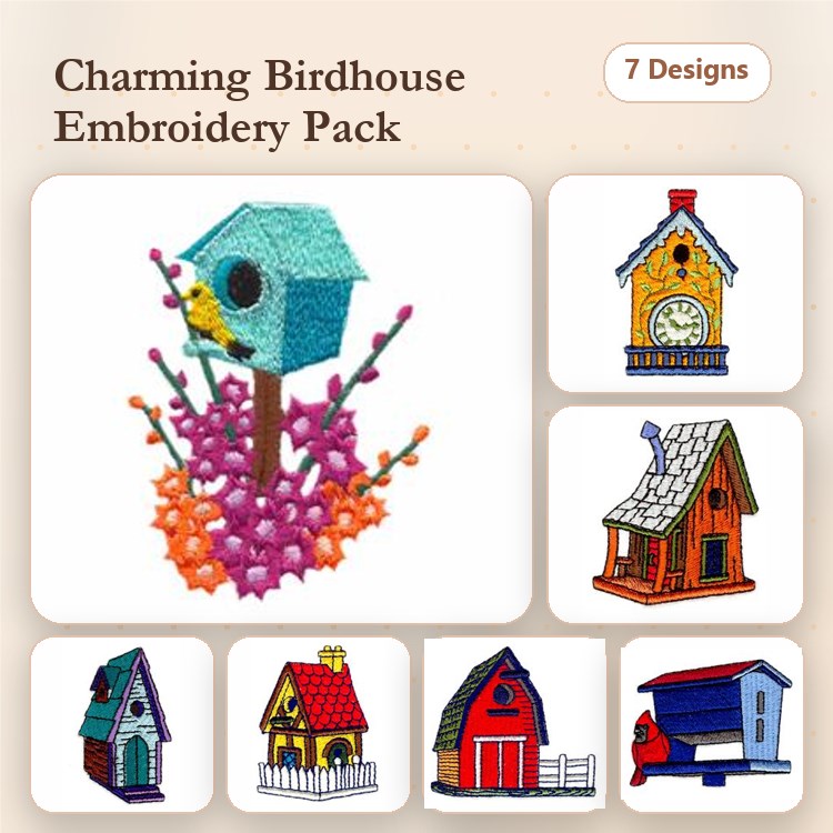 Birdhouses Embroidery Bundle – Colorful Birdhouse with Flowers, Clock Birdhouse, Yellow Roof Birdhouse & More (7 Designs)