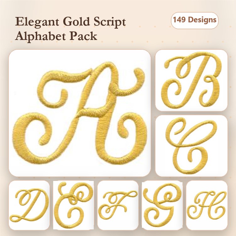 Elegant Gold Script Alphabet Embroidery Designs Bundle – A Letter, B Letter, C Letter & More (149 Designs)
