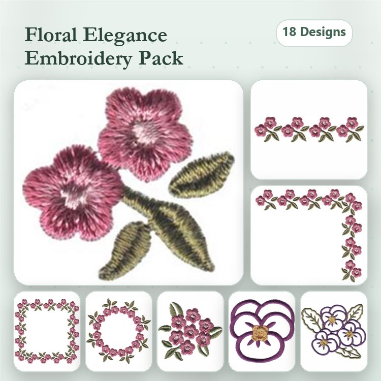 Floral Embellishments Embroidery Bundle – Flower with Leaves, Rose Border, Floral Frame & More (18 Designs)