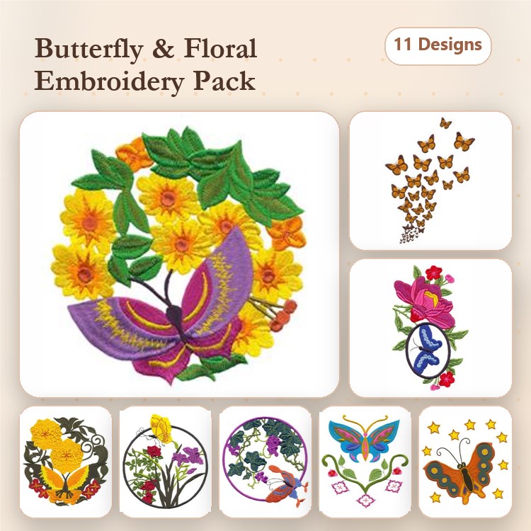 Butterflies & Flowers Embroidery Designs Bundle – Butterfly Wreath, Yellow Flower Bouquet, Colorful Butterflies & More (11 Designs)