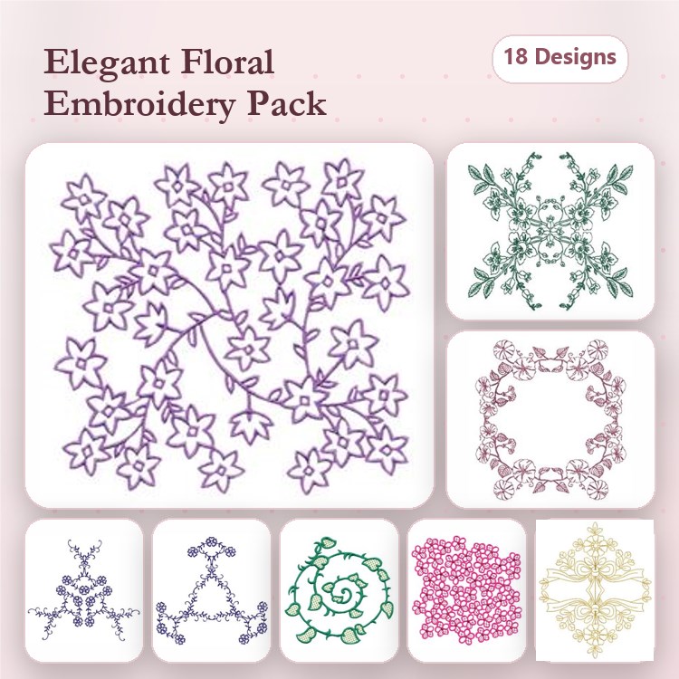 Redwork Floral Embellishments Embroidery Designs Bundle – Floral Vine with Stars, Ornamental Flower Border, Ivy Floral Cluster & More (18 Designs)