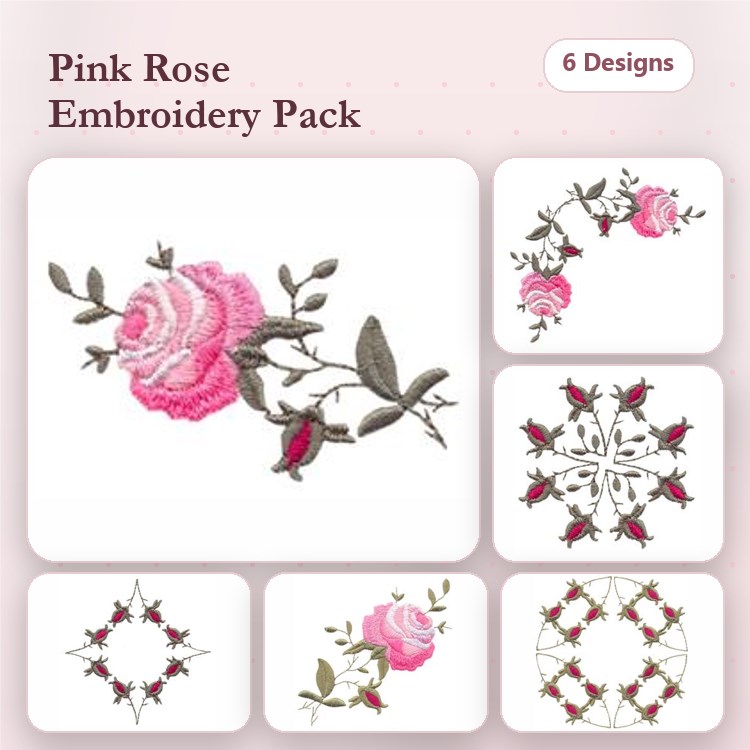 Floral Embroidery Designs Bundle – Pink Rose, Rose Vine, Rose Mandala & More (6 Designs)