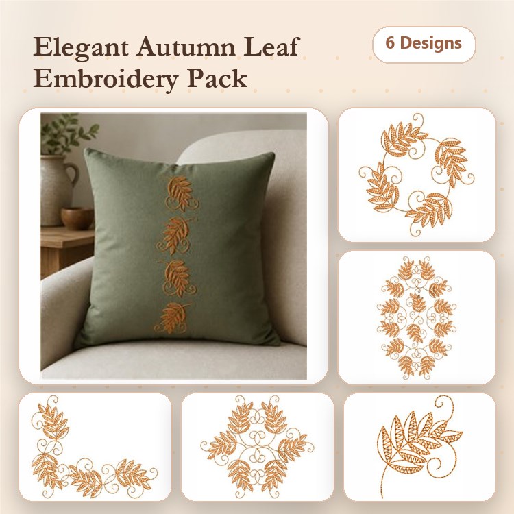 Autumn Leaf Embroidery Designs Bundle – Single Leaf, Leaf Wreath, Ornamental Leaf Border & More (6 Designs)