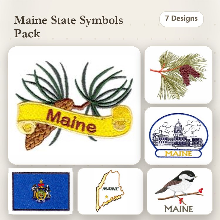 Maine State Symbols Embroidery Designs Bundle – Pinecone with Maine Banner, Maine State Flag, Maine State Capitol & More (7 Designs)