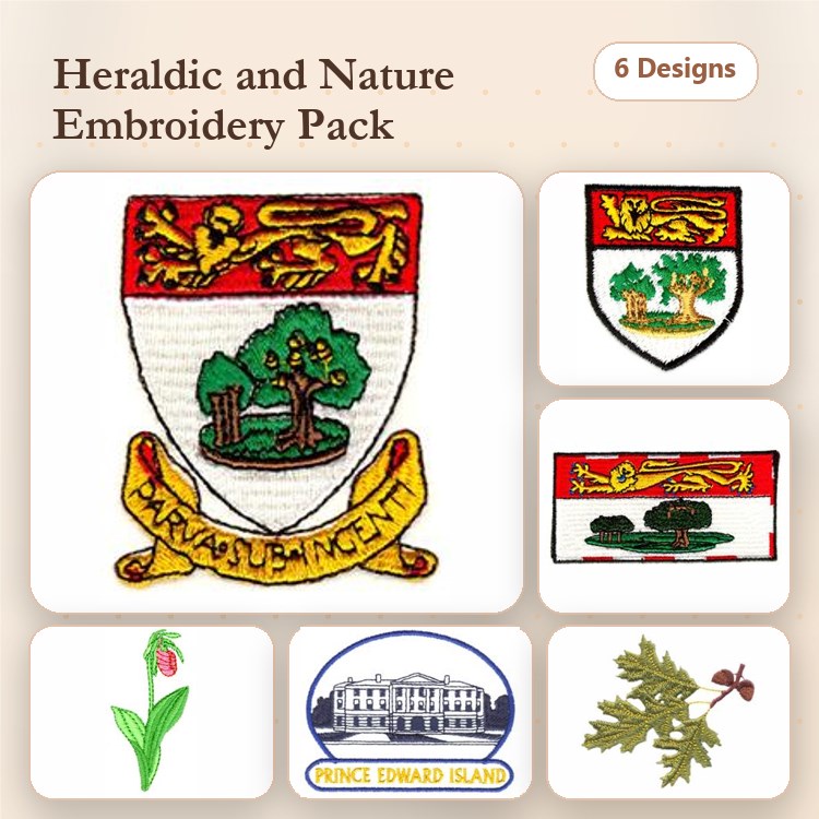 Heraldic and Nature Embroidery Designs Bundle – Coat of Arms, Tree Emblem, Flower Embroidery & More (6 Designs)