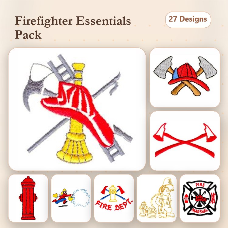 Firefighter Themed Embroidery Bundle – Fire Hydrant, Firefighter Helmet, Crossed Axes & More (27 Designs)