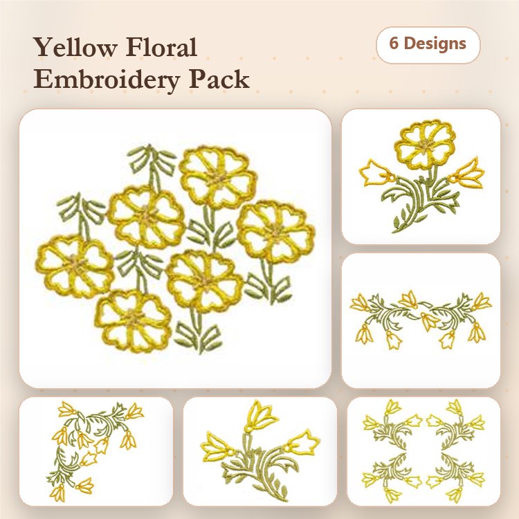 Yellow Floral Embroidery Bundle – Yellow Flower Bouquet, Single Yellow Flower, Floral Vine & More (6 Designs)