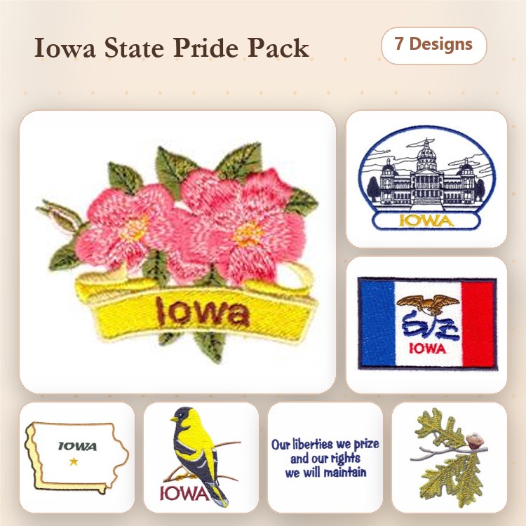Iowa State Pride Embroidery Bundle – Capitol Building, State Flower, Flag & More (7 Designs)