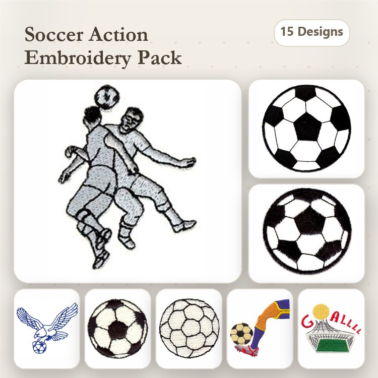 Soccer Action Embroidery Designs Bundle – Soccer Players in Action, Soccer Ball with Shadow, Eagle in Flight & More (15 Designs)
