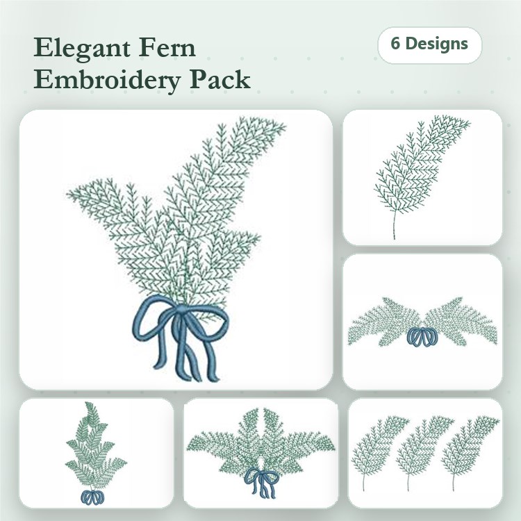 Elegant Ferns Embroidery Bundle – Fern Bouquet with Ribbon, Single Fern with Bow & More (6 Designs)