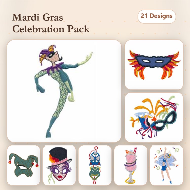 Mardi Gras Celebration Embroidery Designs Bundle – Mardi Gras Dancer, Decorative Mask with Feathers, Jester Hat & More (21 Designs)