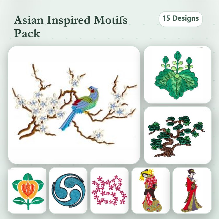 Asian Inspired Embroidery Designs Bundle – Cherry Blossom, Traditional Dancer, Bamboo & More (15 Designs)