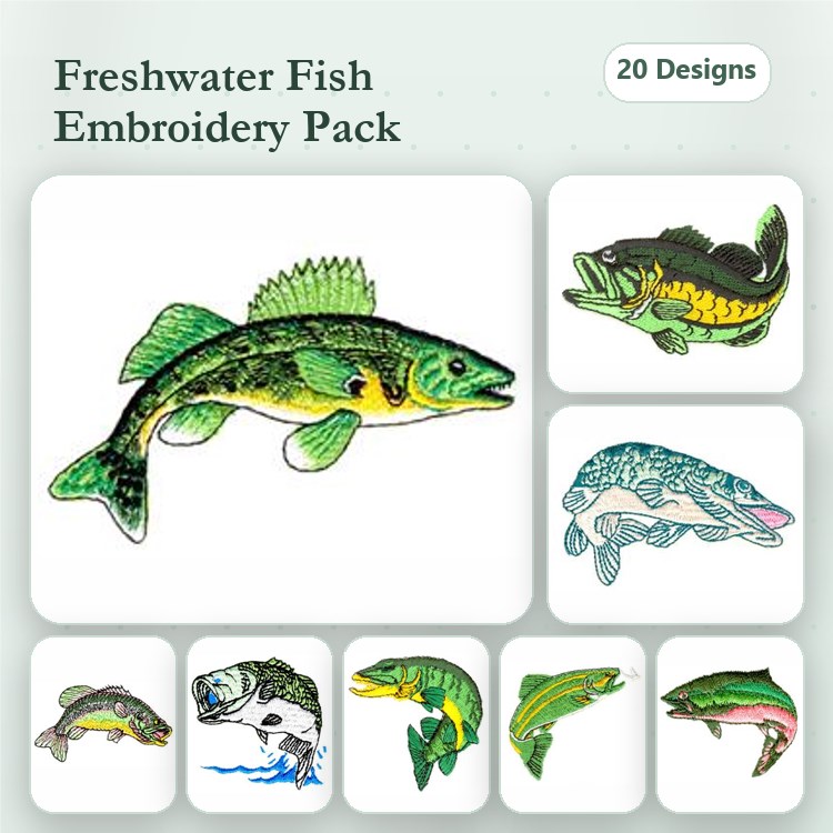 Freshwater Fish Embroidery Designs Bundle – Largemouth Bass, Rainbow Trout, Pike & More (20 Designs)