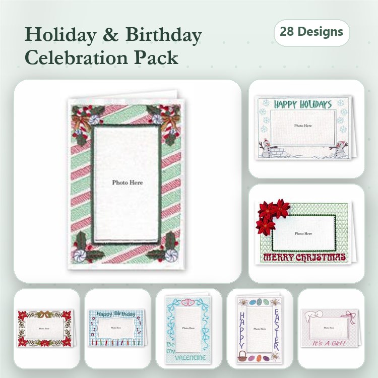 Holiday & Birthday Greeting Cards Embroidery Designs Bundle – Christmas, Birthday, Valentine's Day & More (28 Designs)