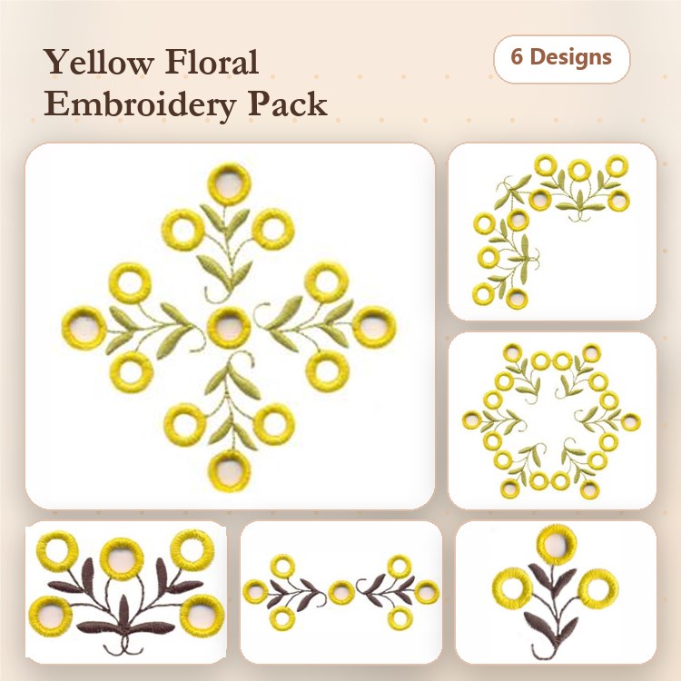 Yellow Floral Embroidery Bundle – Flower Spray, Flower Branch, Floral Circle & More (6 Designs)