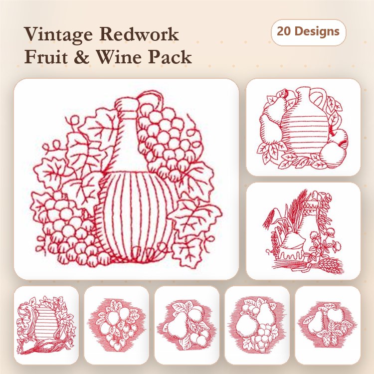 Redwork Fruit and Wine Embroidery Designs Bundle – Wine Bottle, Grapes, Pear & More (20 Designs)