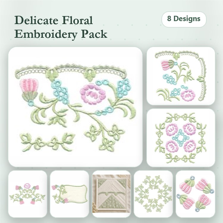 Delicate Floral Embroidery Bundle – Floral Border, Cluster of Roses, Tulip Vine & More (8 Designs)
