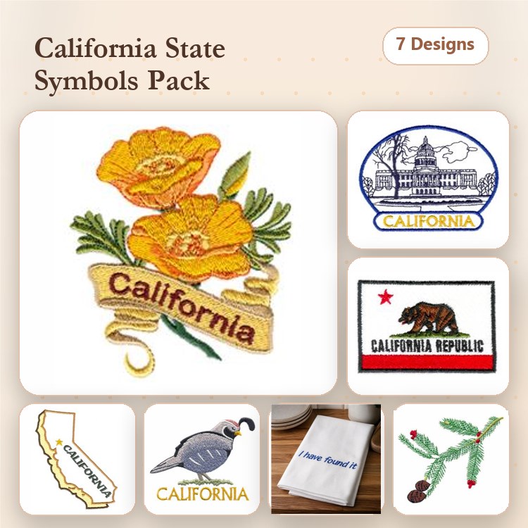 California State Symbols Embroidery Designs Bundle – Poppy, Quail, Flag & More (7 Designs)