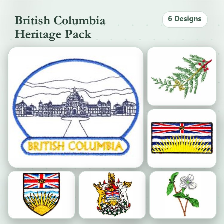 British Columbia Heritage Embroidery Designs Bundle – Provincial Legislature, Flag, Coat of Arms & More (6 Designs)