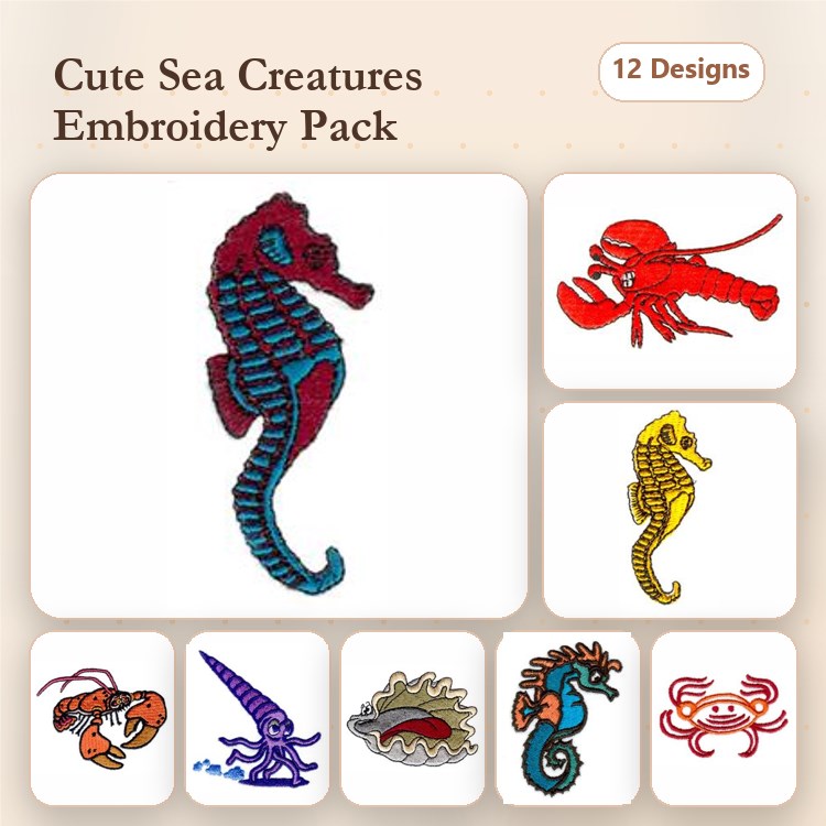 Sea Creatures Embroidery Designs Bundle – Seahorse, Lobster, Crab & More (12 Designs)