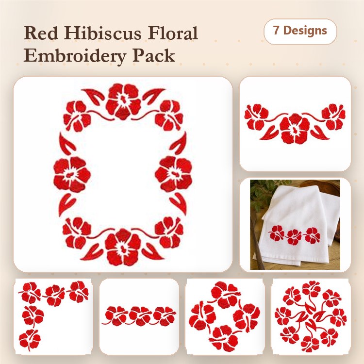 Redwork Hibiscus Floral Embroidery Bundle – Floral Frame, Border, Flower Arrangement & More (7 Designs)