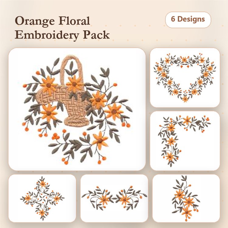 Orange Floral Embroidery Bundle – Basket of Flowers, Heart Floral, Floral Swag & More (6 Designs)