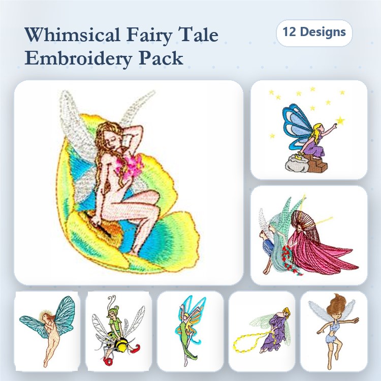Fairy Fantasy Embroidery Designs Bundle – Fairy Sitting on Leaf, Flower Fairy, Butterfly Fairy & More (13 Designs)