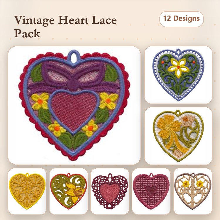 FSL Heart Embroidery Bundle – Vintage Heart with Flowers, Leafy Vintage Heart, Geometric Vintage Heart & More (12 Designs)