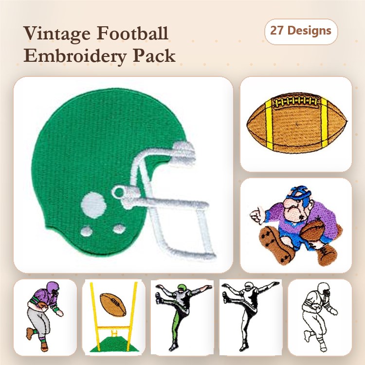 Vintage Football Embroidery Bundle – Football Helmet, Touchdown Pose, Quarterback Throw & More (27 Designs)