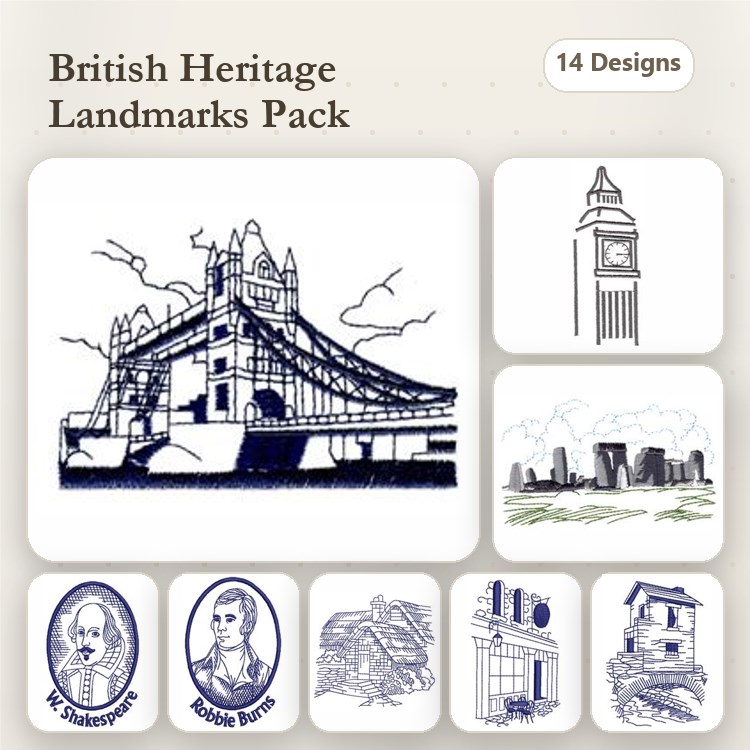 Redwork British Landmarks Embroidery Designs Bundle – Tower Bridge, Big Ben, Stonehenge & More (14 Designs)