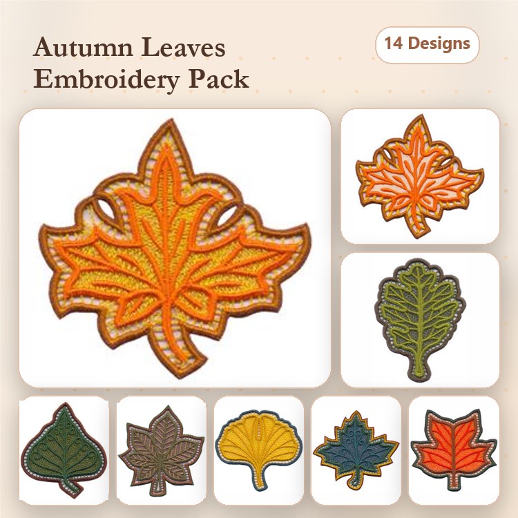 FSL Autumn Leaves Embroidery Designs Bundle – Maple Leaf, Simple Leaf, Green Leaf & More (14 Designs)