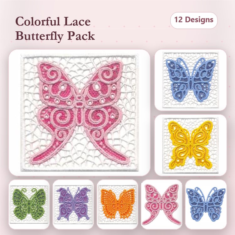 FSL Colorful Lace Butterflies Embroidery Designs Bundle – Pink, Blue, Yellow, Green, Orange, Purple & More (12 Designs)