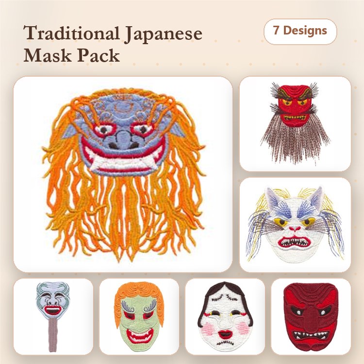 Traditional Japanese Masks Embroidery Designs Bundle – Lion Mask, Oni Mask, Rabbit Mask & More (7 Designs)