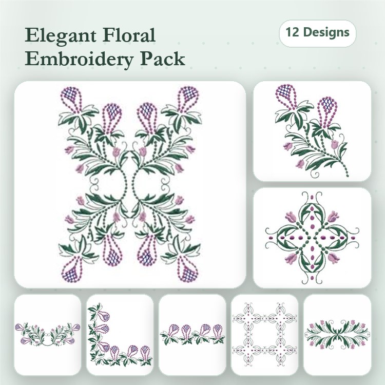 Floral Embellishment Embroidery Bundle – Wreath with Lilies, Vine with Berries, Symmetrical Motif & More (12 Designs)