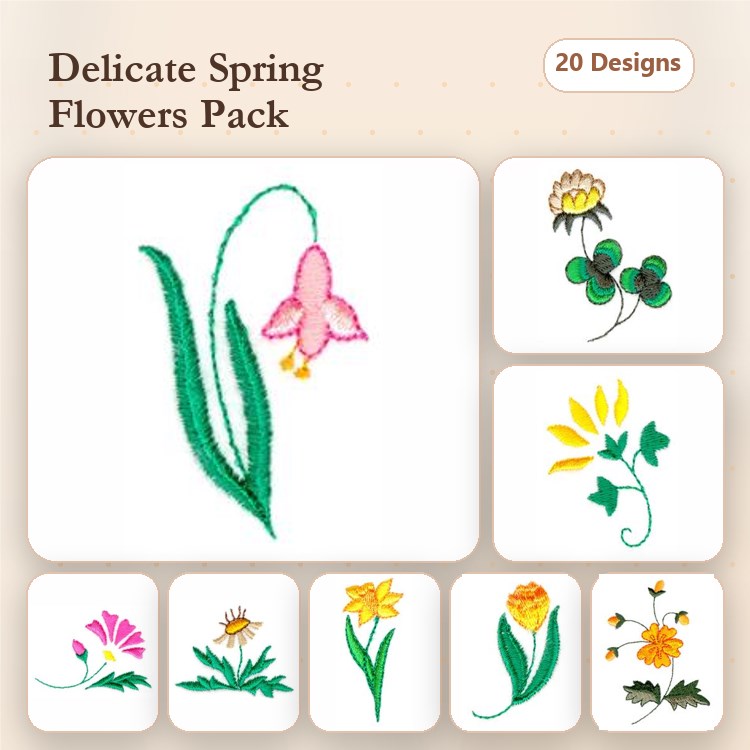Spring Flower Embroidery Designs Bundle – Pink Flower, Yellow Flower, Clover & More (20 Designs)