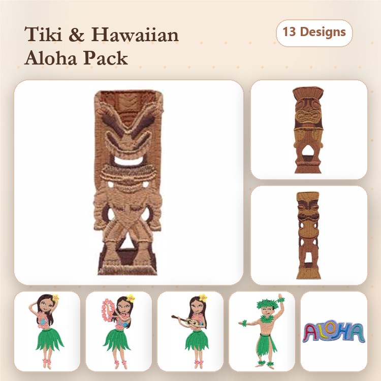 Tiki & Hawaiian Embroidery Designs Bundle – Tiki Statue, Hula Dancer with Ukulele, Hula Dancer with Lei & More (13 Designs)